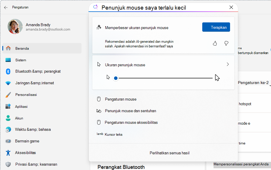 Cuplikan layar Pengaturan memperlihatkan pencarian berbasis AI menggunakan agen.