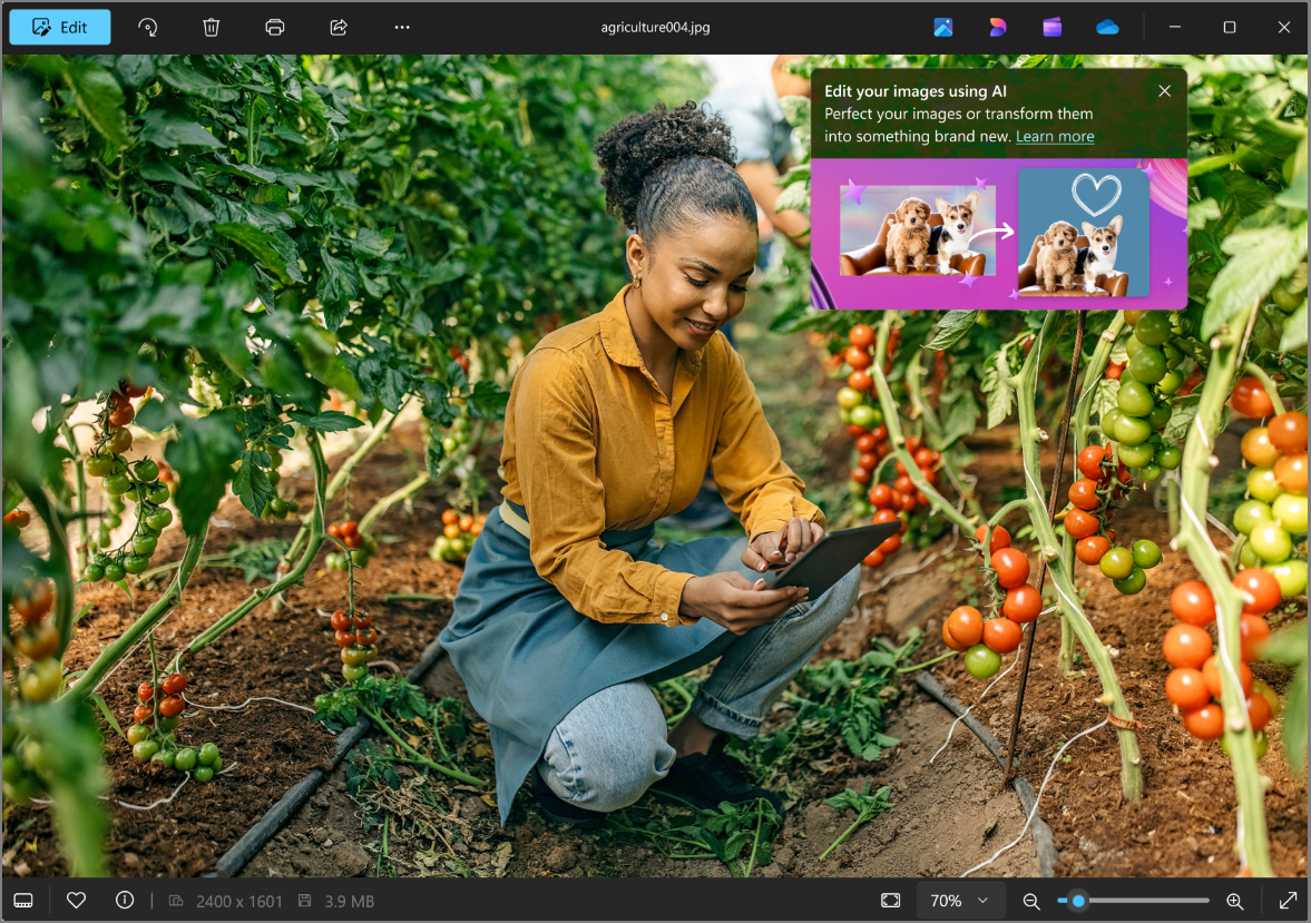 Cuplikan layar Foto Microsoft dengan opsi Edit dengan Designer.