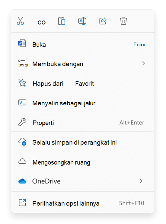 Pilih perintah untuk file atau folder di menu konteks klik kanan File Explorer.