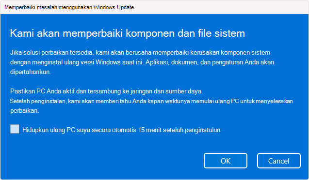 Cuplikan layar opsi penginstalan ulang Windows Update.