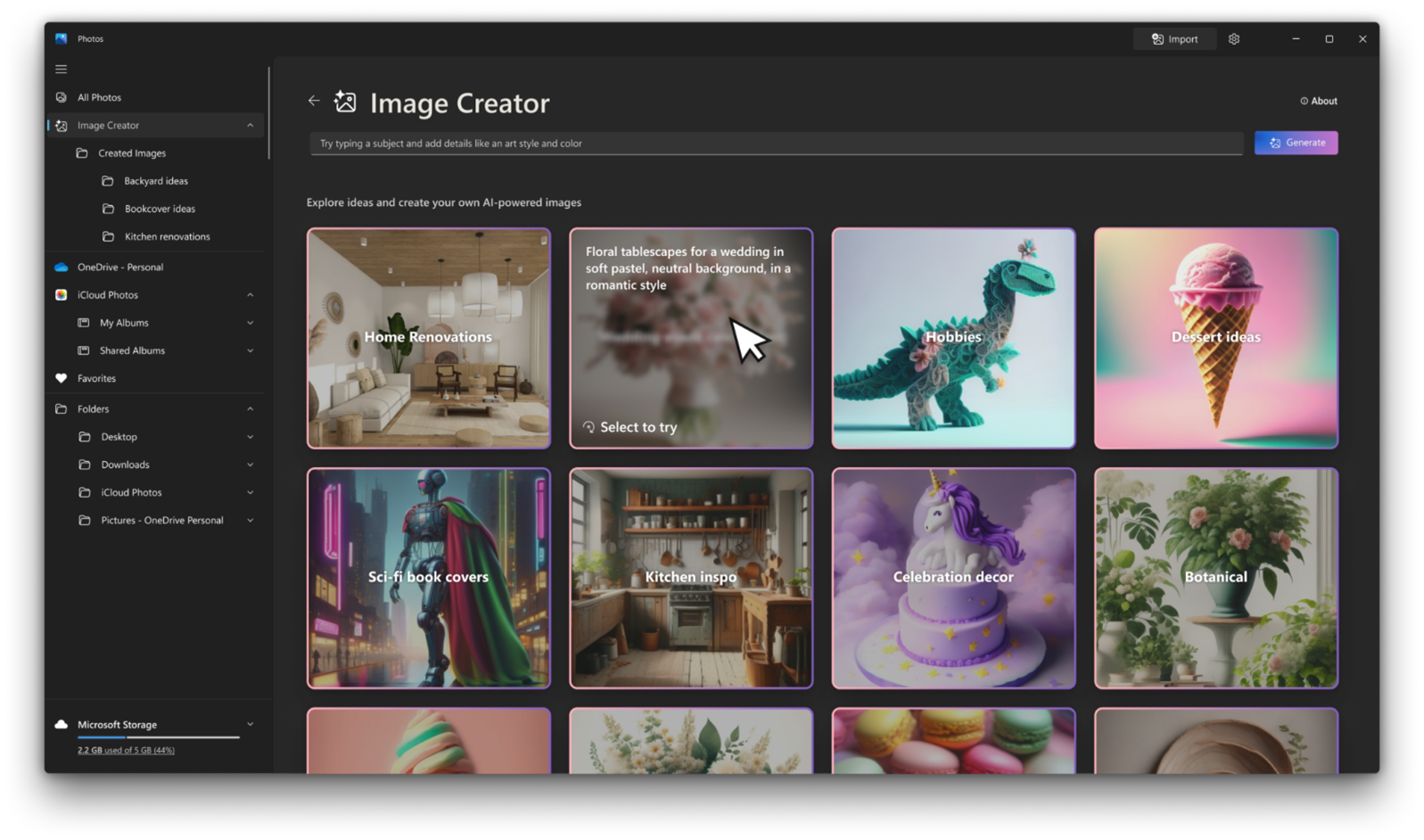 Cuplikan layar Image Creator di aplikasi Foto.