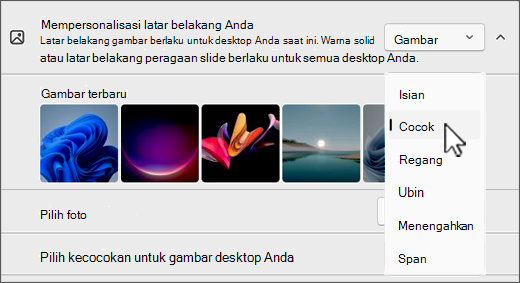 Cuplikan layar personalisasi desktop pas dengan pilihan gambar.