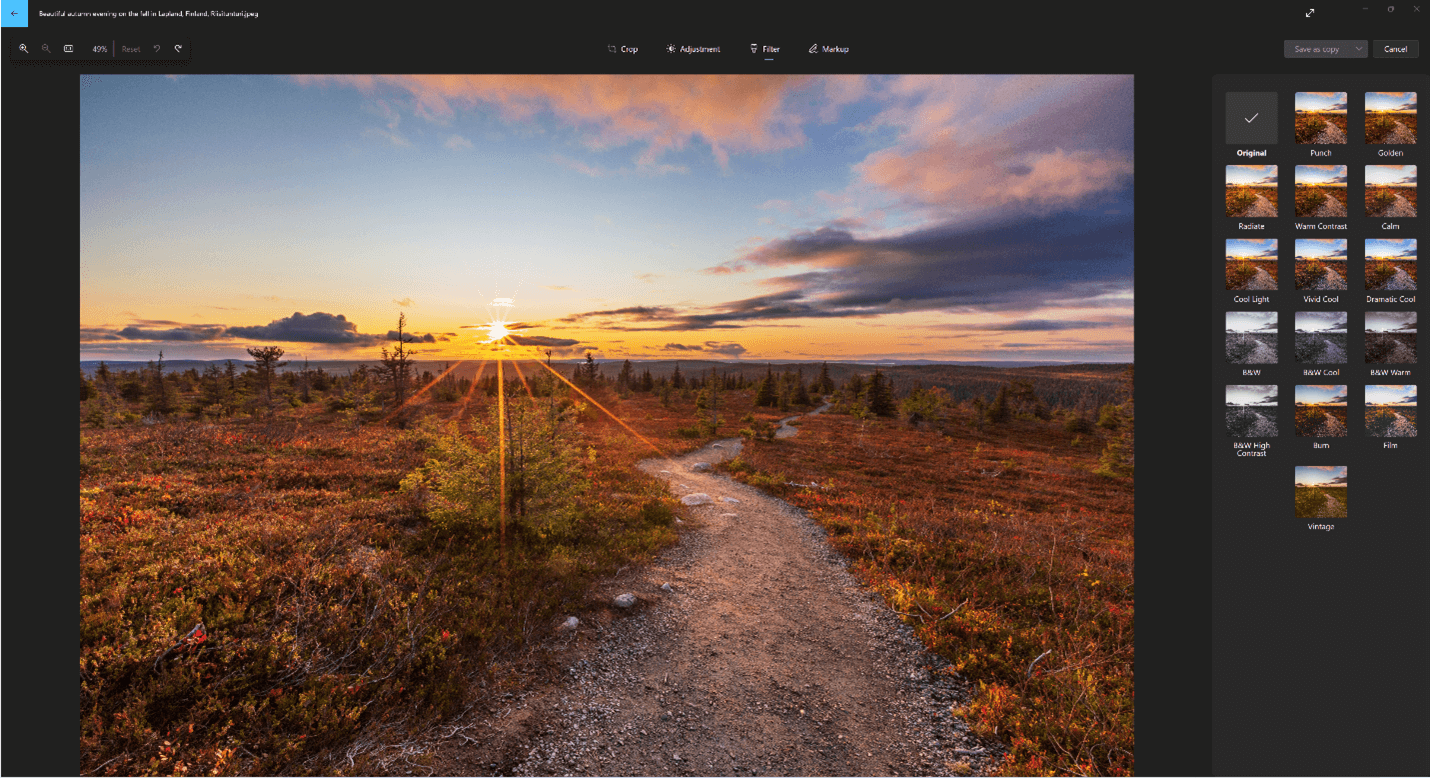 Memperlihatkan opsi filter untuk mengedit foto di Windows 11.