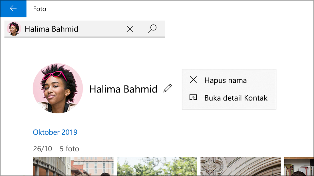 Cuplikan layar kontak yang memperlihatkan opsi Hapus nama.