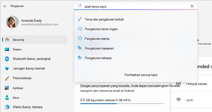 Cuplikan layar pencarian di pengaturan.