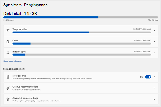 Cuplikan layar pengaturan penyimpanan di Windows