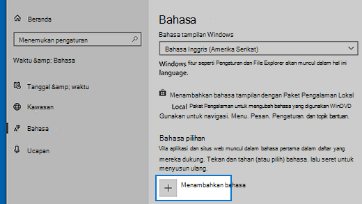 Pengaturan bahasa di Windows 10