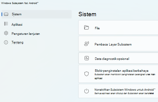 Memperlihatkan halaman utama untuk Subsistem Windows untuk Android (TM).