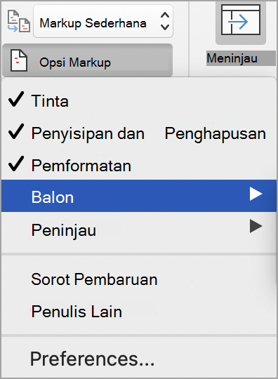 Opsi markup lacak perubahan
