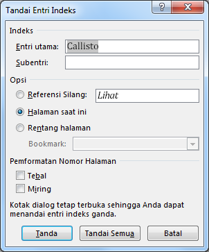 Kotak dialog Menandai Entri Indeks