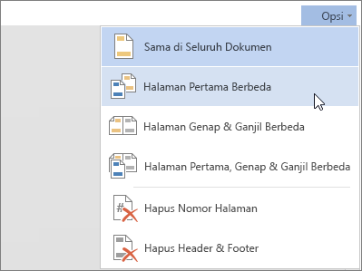 Menu Opsi Header dan Footer di Word Online
