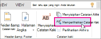 Tombol Perlihatkan Catatan kaki di Word Online