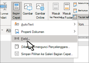 Menu QuickParts dengan Bidang disorot
