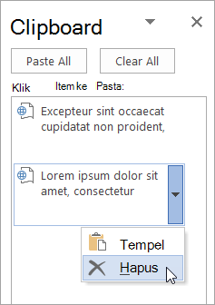 Memperlihatkan penghapusan item yang disalin dari Clipboard