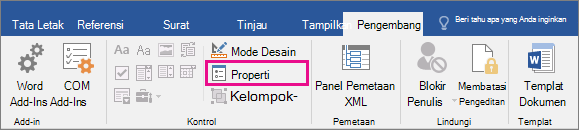 Opsi Properti disorot pada tab Pengembang.