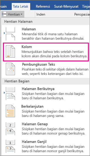 Opsi Kolom disorot pada menu Hentian.