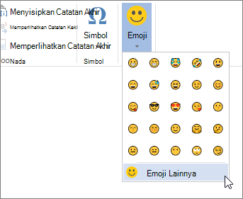 Klik Emoji Lainnya pada tombol Emoji pada tab Sisipkan untuk memilih dari semua emoji yang tersedia.