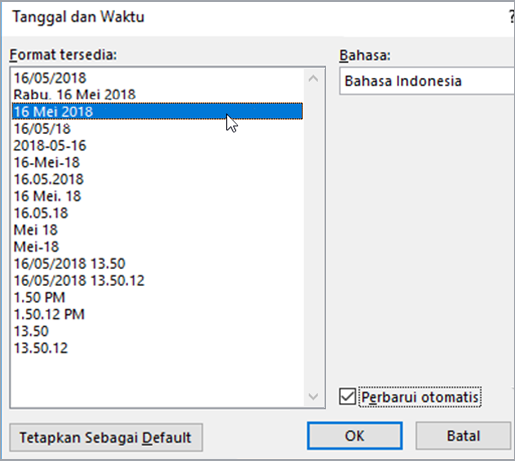 Memilih kotak centang Perbarui secara otomatis