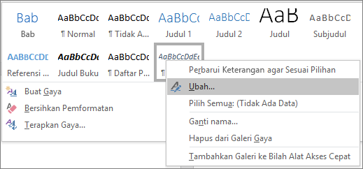 Klik kanan gaya Keterangan di galeri Gaya untuk mengubah pemformatan keterangan Anda.
