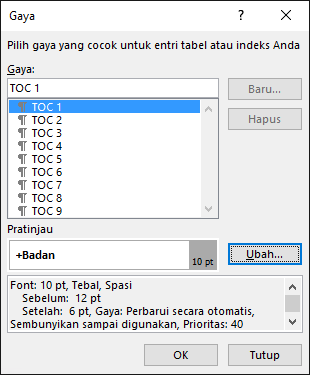 Dialog Ubah Gaya memungkinkan Anda memperbarui tampilan teks dalam daftar isi.