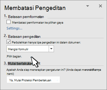 Pemilih bagian di panel Resrict sections