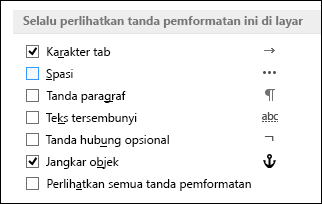 Selalu perlihatkan atau sembunyikan simbol pemformatan