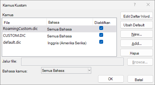 Kotak dialog kamus kustom