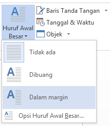 Di menu Huruf Besar Awal, pilih Dalam margin untuk meletakkan huruf besar di dalam margin dan bukan di dalam paragraf.
