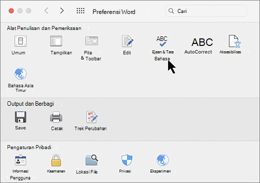 Dialog Preferensi Mac dengan Ejaan dipilih