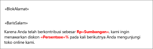 Sampel dokumen gabungan surat yang berisi bidang bernama Sumbangan didahului dengan tanda dolar dan bidang bernama Persen diikuti dengan tanda persen.