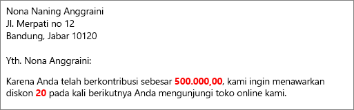 Dokumen gabungan surat yang membaca kontribusi Anda sebesar 50.00 dan menawarkan 20 diskon.