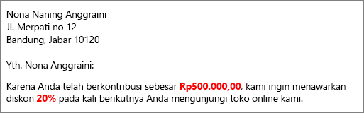 Dokumen hasil gabungan surat membaca kontribusi Anda sebesar $50,00 dan menawarkan diskon 20%.