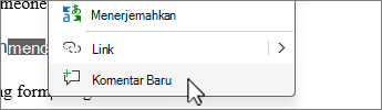 Pilih Komentar baru dari menu konteks klik kanan
