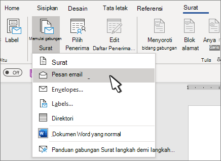Memulai gabungan surat dengan pesan Email dipilih