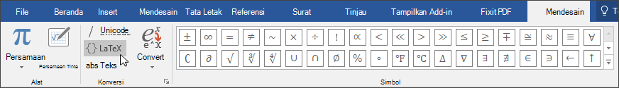 Gambar tab Desain memperlihatkan format persamaan yang tersedia untuk format LaTex.
