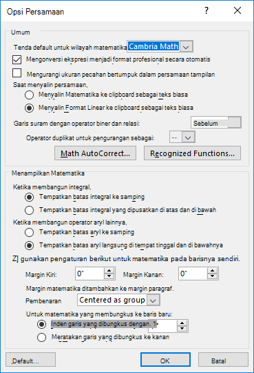 Gambar memperlihatkan kotak dialog Opsi Persamaan