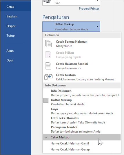 Menampilkan Pengaturan Cetak untuk mencetak markup