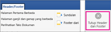 Pada tab Header dan Footer, Tutup disorot