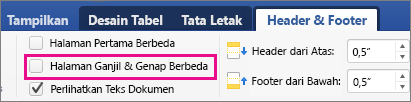Halaman Ganjil dan Genap Berbeda disorot pada tab Header & Footer