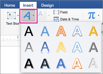 Tab Sisipkan dengan opsi WordArt disorot.