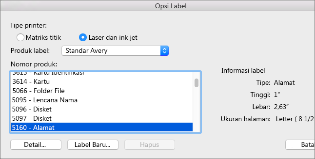 Pilih merek produk label, lalu pilih nomor produk tertentu.