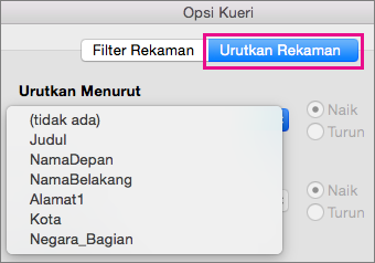 Klik Urutkan Rekaman untuk mengurutkan item dalam gabungan surat