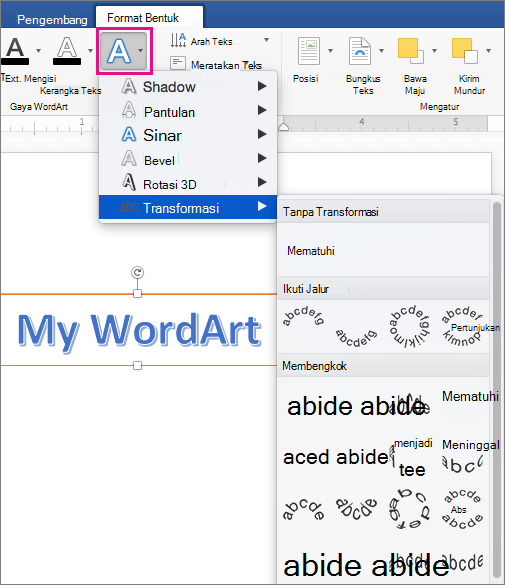 Tab Format Bentuk dengan opsi Efek Teks disorot.