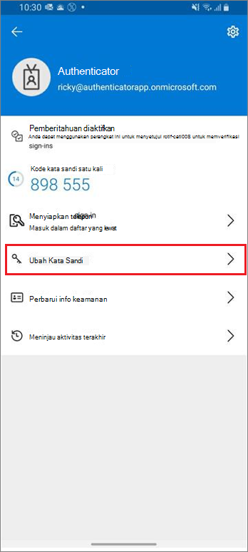 Laman akun kerja atau sekolah, memperlihatkan link Ubah kata sandi yang disorot