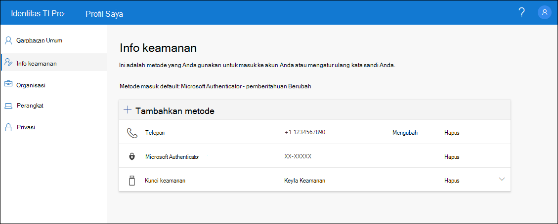 Halaman info keamanan, dengan semua metode terdaftar diperlihatkan