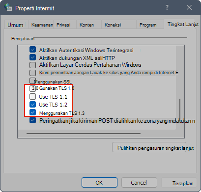 Cuplikan layar memperlihatkan pengaturan TLS di Properti Internet