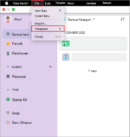 Menu File dari 1Password.