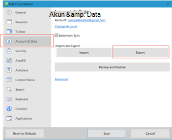 Lokasi perintah ekspor Roboform Desktop