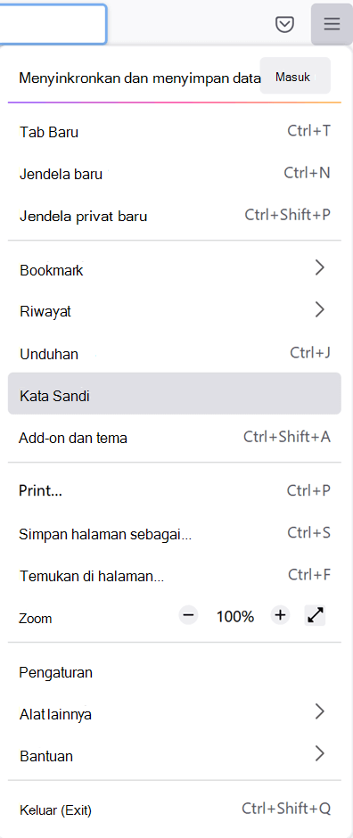 Menu utama di Firefox dengan opsi Kata Sandi dipilih.