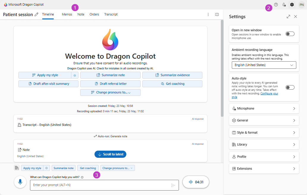 Dragon Copilot embedded timeline with Settings panel open